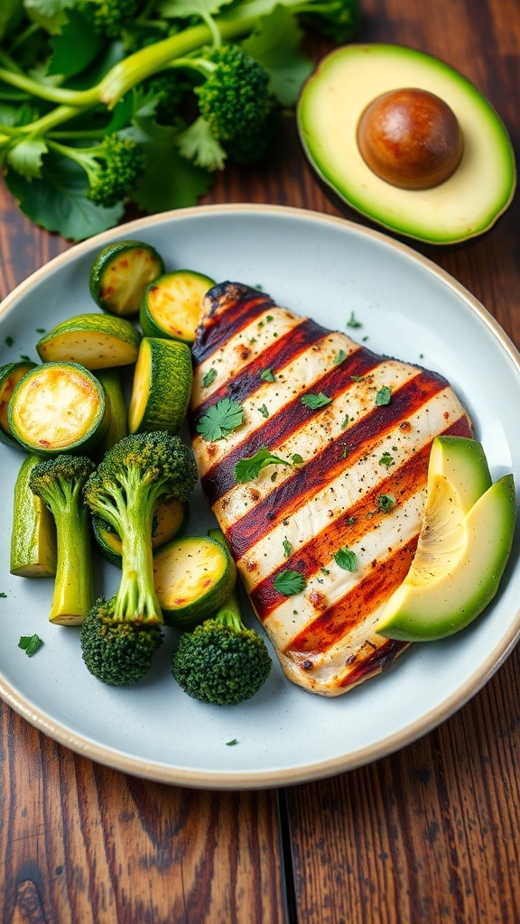 A colorful low carb meal with grilled chicken, zucchini, and broccoli garnished with herbs and avocado.